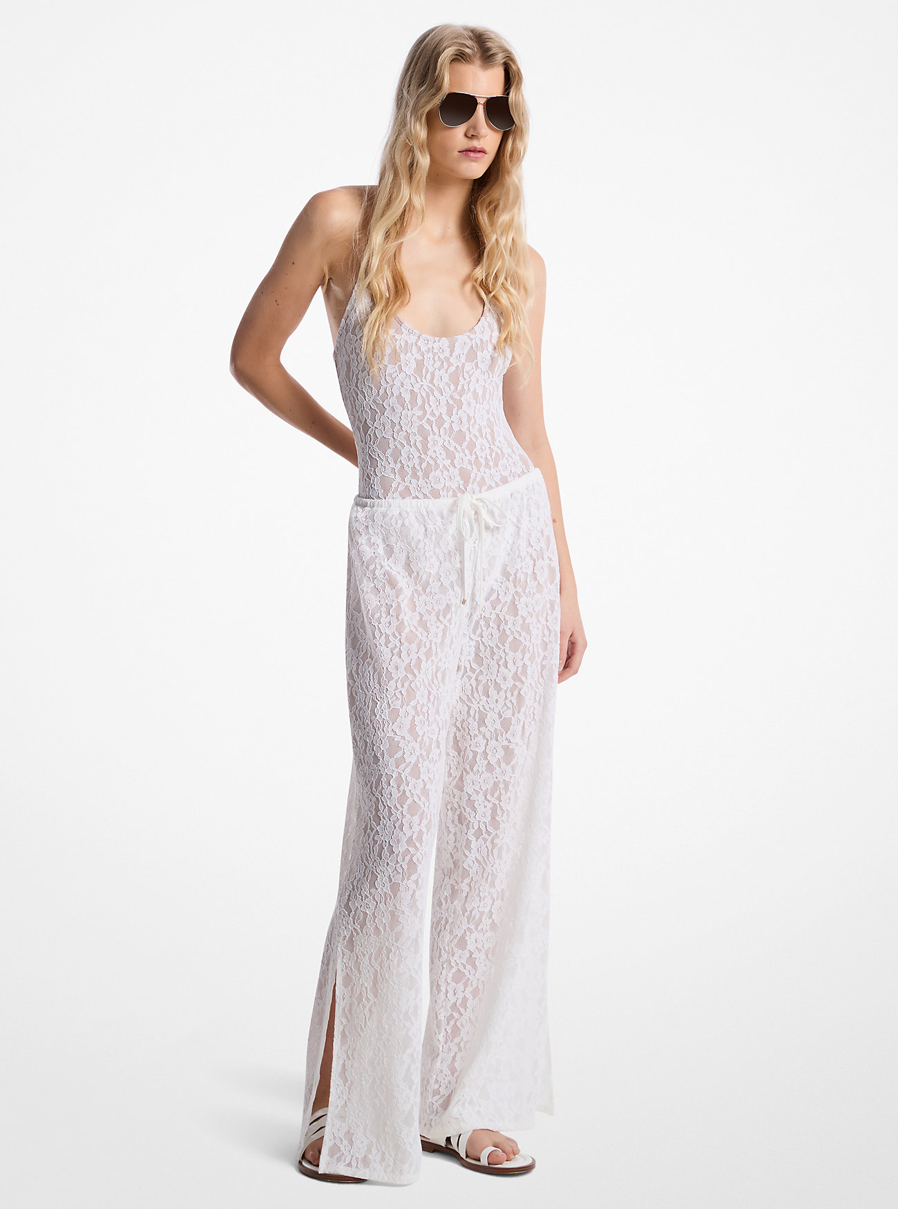 Floral Lace Stretch Nylon Drawstring Pants