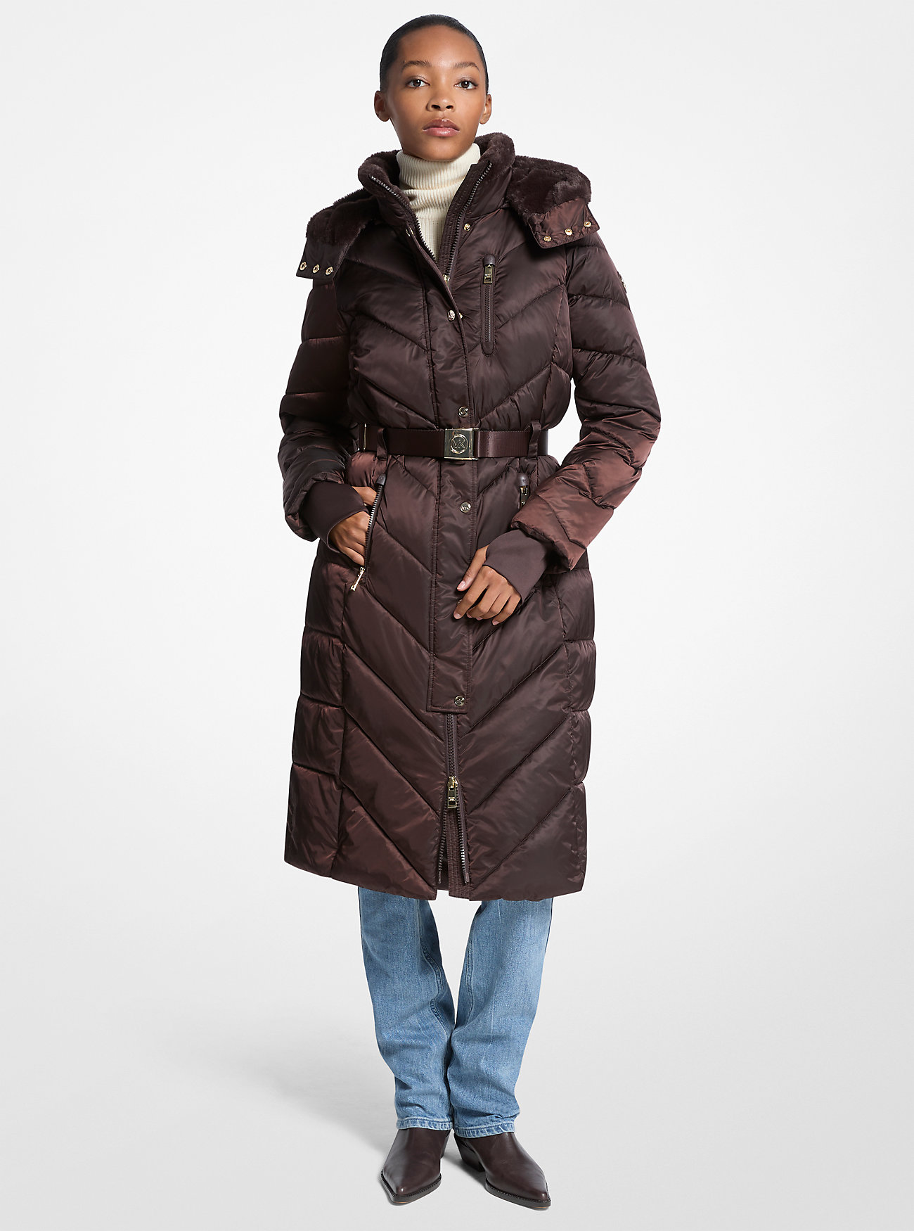 Faux Fur Trim Belted Puffer Coat