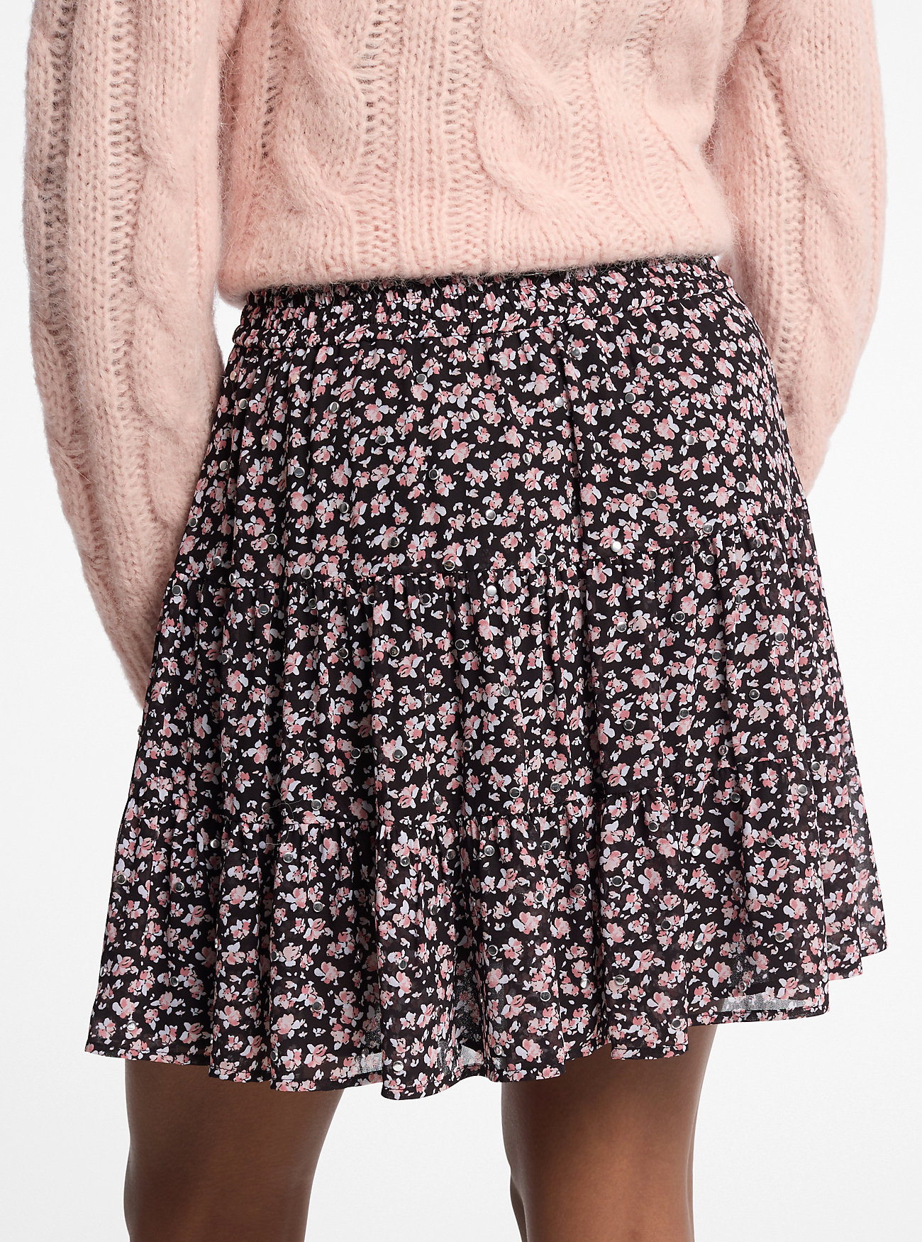 Studded Floral Print Georgette Tiered Skirt